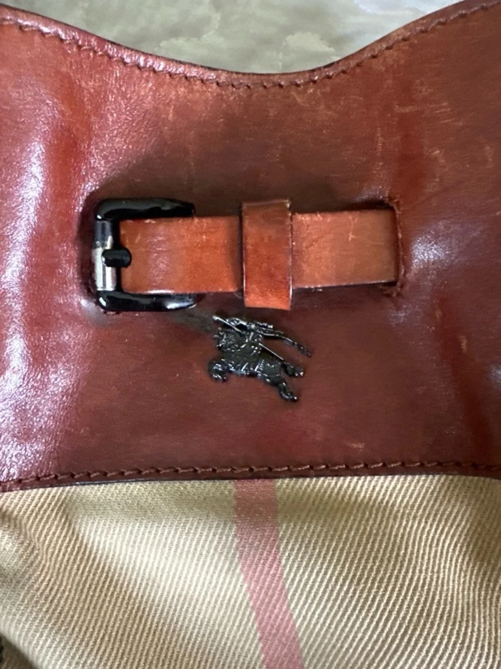 VINTAGE Burberry Brown Leather Shoulder Bag with Beige Check